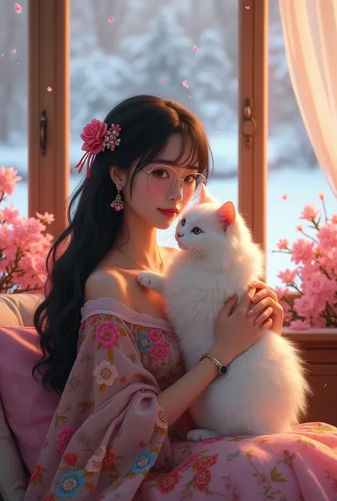 A graceful  woman with long, wavy black hair, adorned with delicate floral hairpins and elegant earrings, wearing a colorful  embroidered gown with colorful floral patterns. She is holding a fluffy white cat close to her face and looking towards camera. Sh...