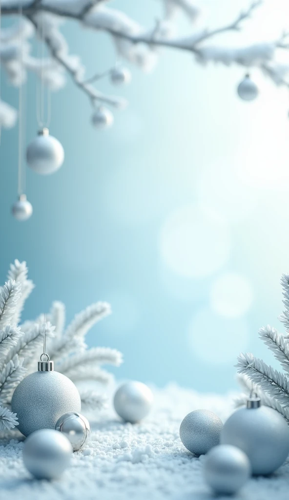  Minimalist Christmas-themed background, blue and white colors, Christmas spheres around , Beautiful design, very worked out 