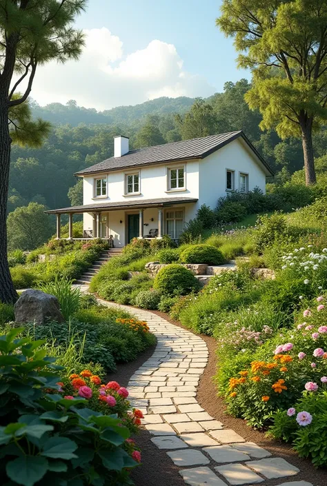  Show me an image of a two-story rectangular white country house located in an eucalyptus oak forest, I would like the main focus of the image to be a garden located on a slope, this garden must have a drip irrigation system and the plants that compose it ...