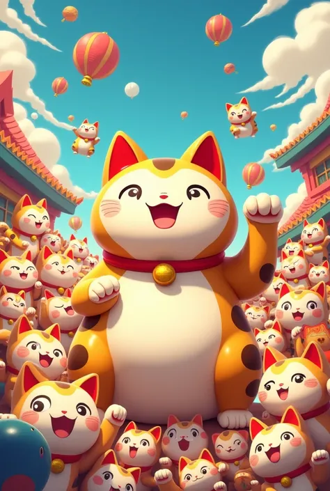 Turbo Babas maneki cat has a cute body and is surrounded by many maneki cats, dandadan anime style