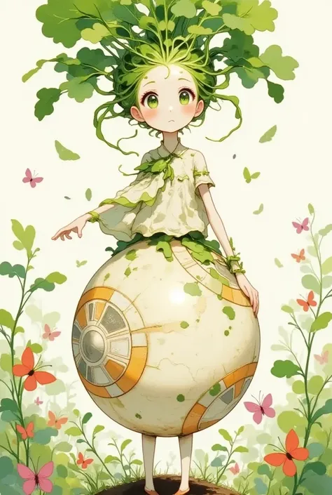 A cute anime illustration featuring a combination of a radish and BB-8, wielding a lightsaber. The scene includes a cheerful girl, vibrant colors, and a whimsical background. The style should be playful and inviting, emphasizing the cuteness of the charact...