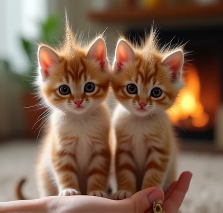 Two kittens sport playful faux-hawks styled from their own fur, the tips sparkling as if dusted with glitter. Their tiny faces are full of character and charm as they stand confidently on the hand. The background is a cozy living room with warm lighting, a...