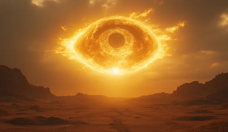 The eye of God is high in the sky in a barren desert. the eye shines with a divine golden light.