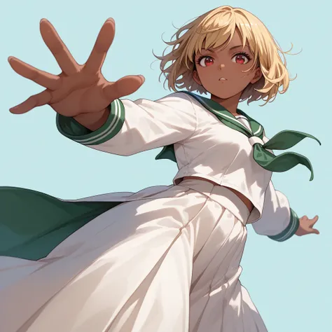  1 girl, dark tan skin,Japanese,cute:1.2,Blonde,  bob hair,  red eyes,tsurime,Green sailor suit, Long Skirt, cowboy shot , from below,Dynamic pose,,  details,  Illustration ,  anime style,   simple background,