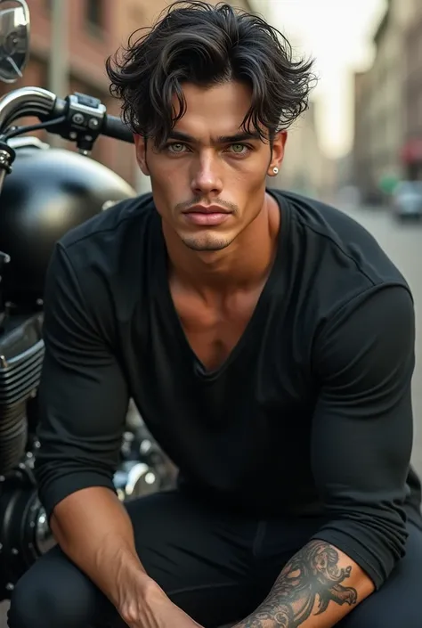 23-year-old athletic, black-haired boy with green eyes tattooed on one arm with a motorbike next to him and a black long-sleeved shirt 
Realistic images 