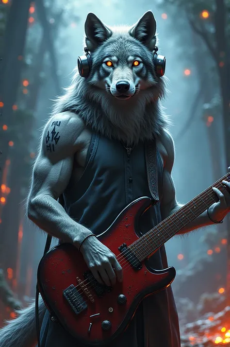 Give me an image of a wolf with headphones and an electric guitar that has 777 tattooed on its face