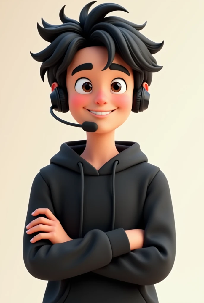  A male character with untidy black hair,a black headset ,Black sweatshirt,And the character has their arms crossed and is smiling , cardboard-style character . 