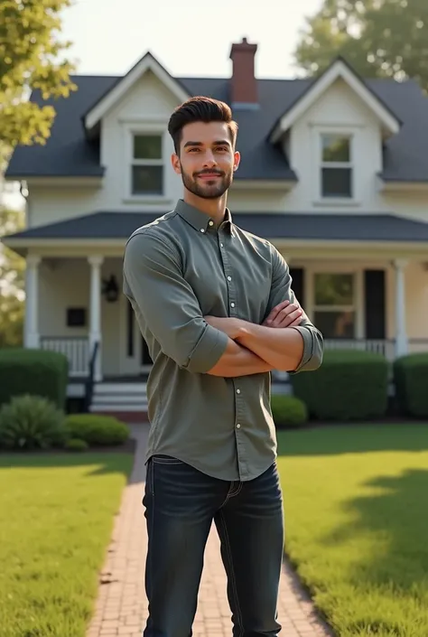 a27 year old men standing infront of his house 