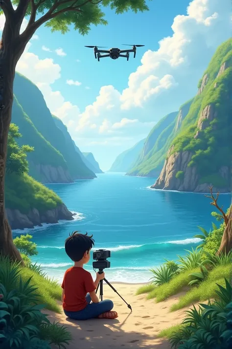 A big sea with tall hills on either side of it which are surrounded by greenery, while a boy is sitting on the beach taking a picture with a drone camera