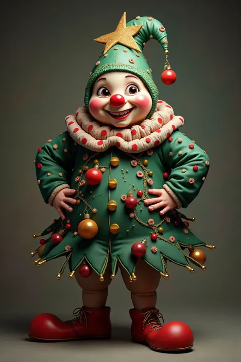 photorealistic portrait of Dressed animals - a ((fat)) (squid) clown,(Art by John William Waterhouse:1.2),(Christmas theme),(cute),(happy smile:1.2), (elegant),(hands on hips:1.5), high quality,(lovely) ,(highly detailed Christmas tree costume:1.5),Christm...