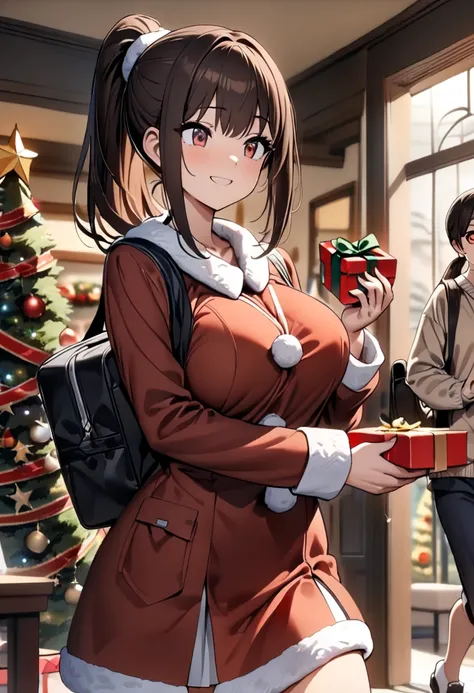 (  Masterpiece ,   top quality:1.2), One anime girl , Alone,   Expressive Eyes , sexy Santa girl costume, (((Dark-haired ponytail ))). ((( straight hair))), (smile), (((Reddish brown eyes))), ((( Perfect Face Girl Walking With Her Student Bag On Her Should...