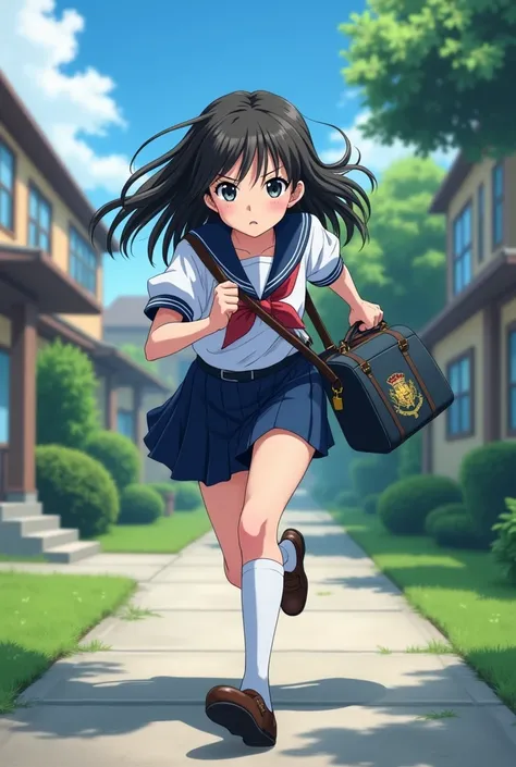 anime girl Running away from home in middle school uniform with bag from top angel