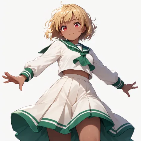  1 girl, dark tan skin,Japanese,(cute:1.6),Blonde,  bob hair,  red eyes,tsurime,Green sailor suit, Long Skirt, cowboy shot , from below,Dynamic pose,,  details,  Illustration ,  anime style,   simple background,