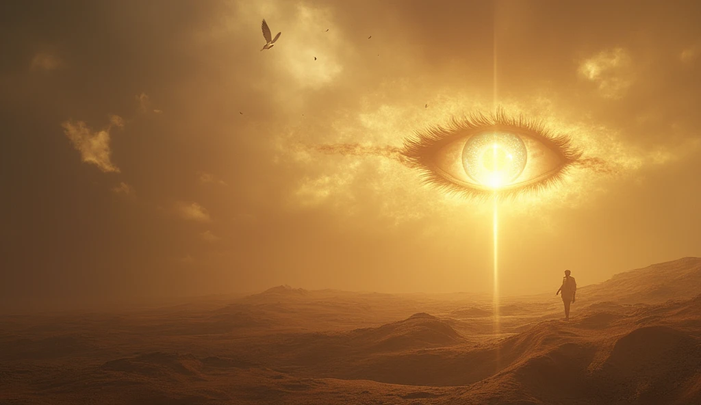 The eye of God is high in the sky in a barren desert. the eye shines with a divine golden light. clouds, white pigeons.