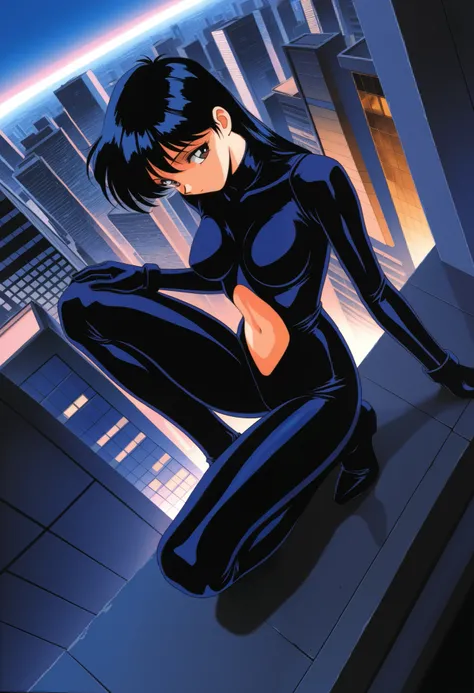 masterpiece, best quality, amazing quality, 1990s (style), 1girl, body suit, stomach cutout, city, sideways glance, one on knee, dutch angle, from above