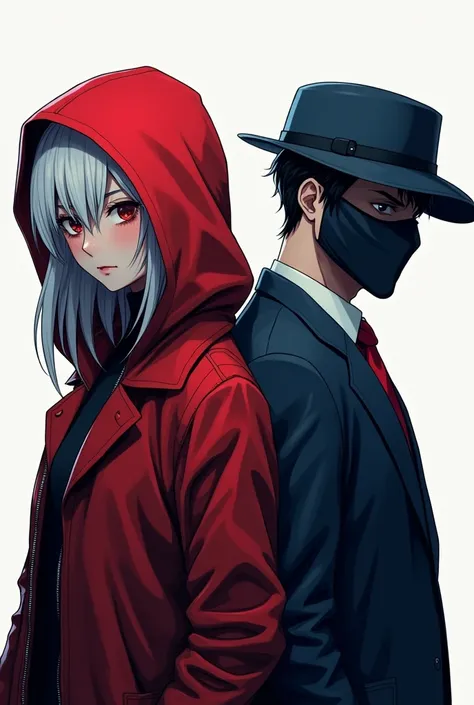 an image of two characters side by side , a criminal girl in punch red and black ,  urban attire with white hair with a hood that completely covers her face and a boy in an elegant detective suit contrary to the urban white and blue tone with a mask that c...