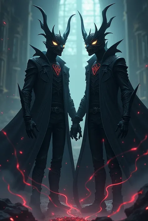  Anime men with coats who use dark magic and whose names appear Dazhent and Catushow on their coats, Use this same image but put masks on mysterious men 