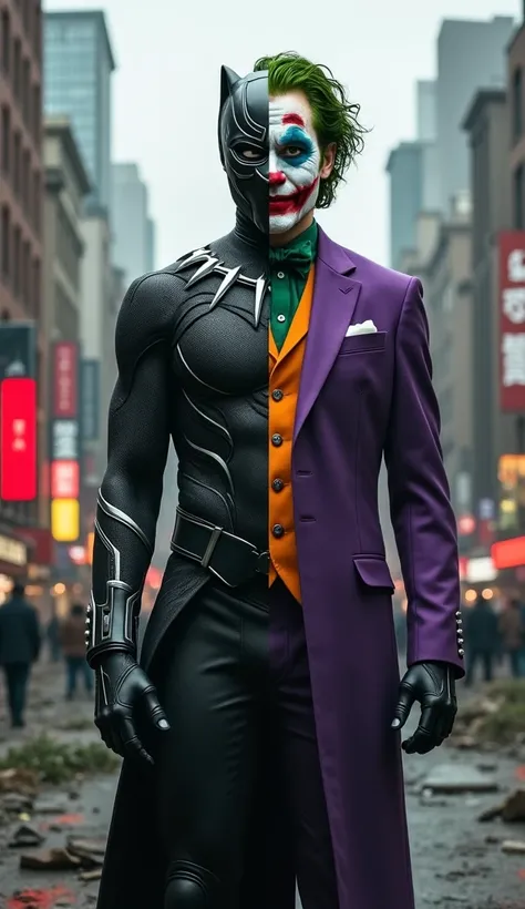 "Create a highly realistic split-screen image featuring full-body portrayals of Black Panther and Joker, ensuring no parts of their figures are cropped. The top half shows Black Panther in his sleek, vibranium-infused black suit with intricate silver accen...