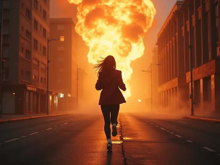  person running backwards without showing their faces in a tumultuous city amidst wharves of explosions and a lot of noise,  and dawn and the lights are bright  , She gets out of bed and walks out onto the street 