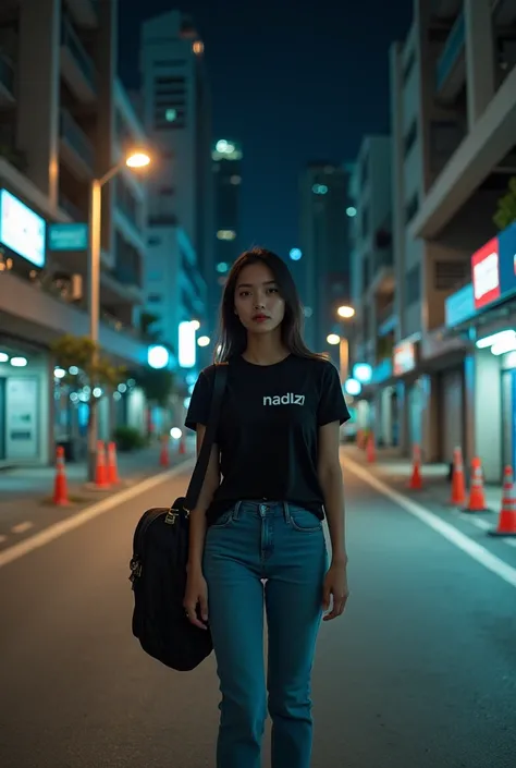  An Indonesian woman stands confidently at the entrance of the MRT station Lebak Bulus,  were illuminated by soft light .  He wore a black T-shirt with the logo  "Nadzwa "  and casual jeans ,  carrying a guitar in a thin black bag slung over his shoulder ....