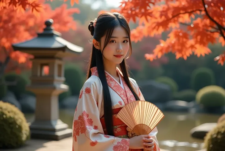 A highly realistic photograph of a Japanese woman standing in a traditional kimono, in front of a serene Japanese garden during autumn. The garden features vibrant red and orange maple leaves, a small koi pond, and a stone lantern. The woman has long, dark...