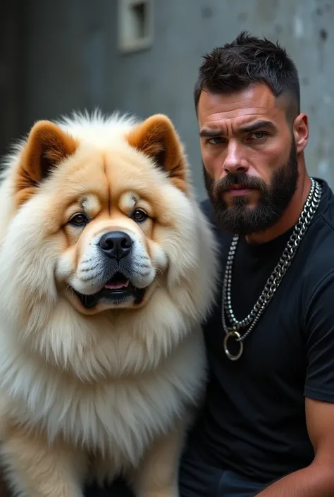 A white chowchow dog with brown ears and a brown snout along with a guy next to him with Chinese eyes black shirt with beard and a chain around his neck short hair 