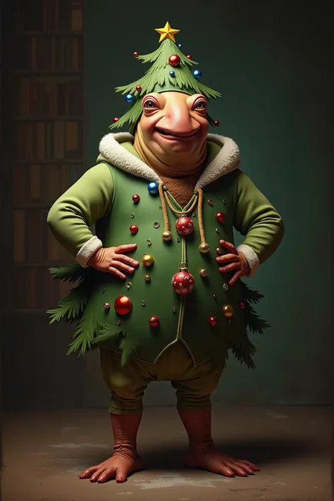 photorealistic portrait of Dressed animals - a ((fat)) (squid) performer,(Art by John William Waterhouse1.2),(Christmas theme),(cute),(happy smile:1.2), (elegant),(hands on hips:1.5), high quality,(lovely) ,(highly detailed Christmas tree costume:1.5),Chri...