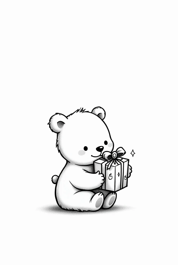 Black lineart cute bear holding a gift with bells
Black and white line art