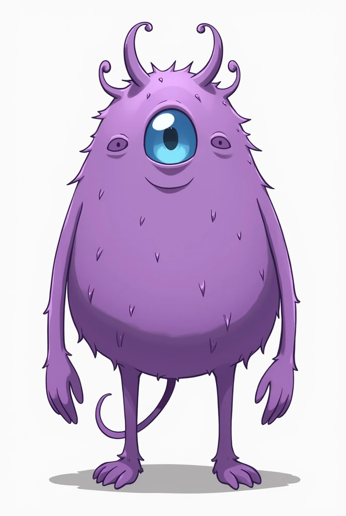 Create me several images of a tall but cuddly purple anime-type monster with only one blue eye, with two hands with four fingers ,  four feet with five fingers with straight antennae and a straight tail  