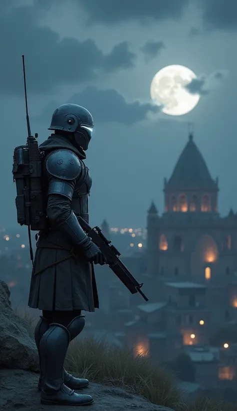 ８k　 high image quality　Overlooking the ruined city on a moonlit night　Warrior wearing contemporary grey body armor with black line edging　Warriors with light goggles on their eyes 　Warrior wearing a mask that simulates a skeletons head and helmet 　I have a...