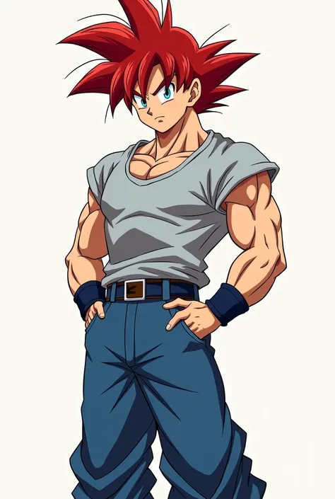 Goku with red hair and blue eyes and gray shirt and jeans style dbs cartoon 