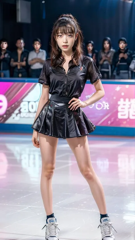 (8k, best quality:1.3), (extremely detailed:1.2), perfect anatomy, beautiful Japanese woman, 18 years old, healthy thighs, beautiful legs, beautiful skin, random hair color, random hairstyle, large breasts, (she is standing:1.2), female figure skater, figu...