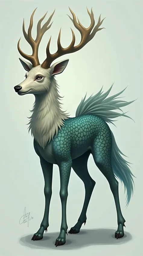 "Design a surreal animal with elements of both land and aquatic creatures, such as a deer with the fins of a fish or a wolf with the tail of a seahorse. The animal should have an ethereal, dreamlike appearance, with unusual color patterns and textures, but...