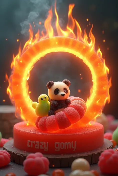 A circle with flames that has panda and worm gummies inside and that says crazy gomi
