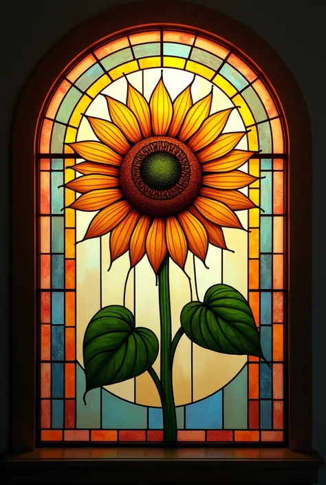 a painting of Sunflower in a  stained glass window, sunflower  stained glass,  stained glass art, crystallic Sunflower,  stained glass style, ガラスに絵を描く絵画, backlit  stained glass, maxim verehin  stained glass,  Colorful Glass Art , Sunflower, glowing  staine...