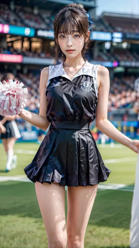 A beautiful young Japanese woman, 20 years old, with perfect anatomy, healthy thighs, beautiful feet, flawless skin, random hair color and style, large bust, (she is standing:1.2), wearing a cheerleader uniform with micro-pleated miniskirt, in a full body ...