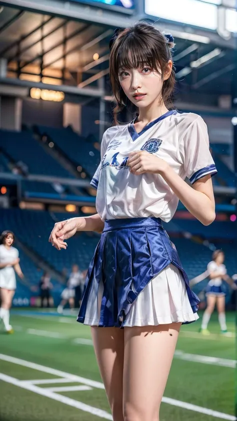 A beautiful young Japanese woman, 20 years old, with perfect anatomy, healthy thighs, beautiful feet, flawless skin, random hair color and style, large bust, (she is standing:1.2), wearing a cheerleader uniform with micro-pleated miniskirt, in a full body ...