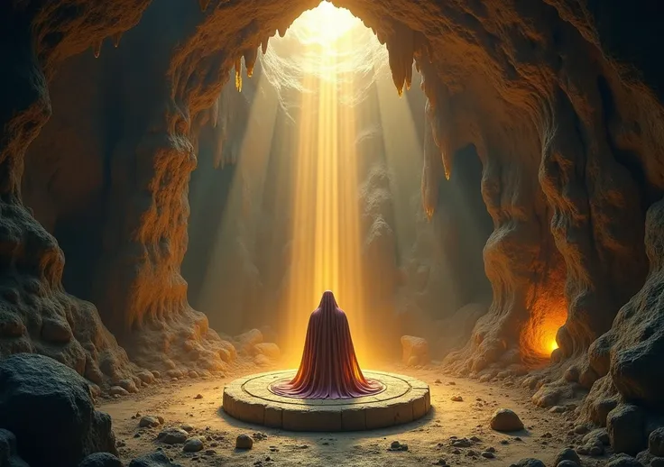 " A secret cave hidden deep in a mountain ,  illuminated by giant crystals that emit mystical lights . in the center, a stone altar rests ,  with arcane symbols engraved on its surface .  Rays of golden light descend from the ceiling ,  illuminating the of...