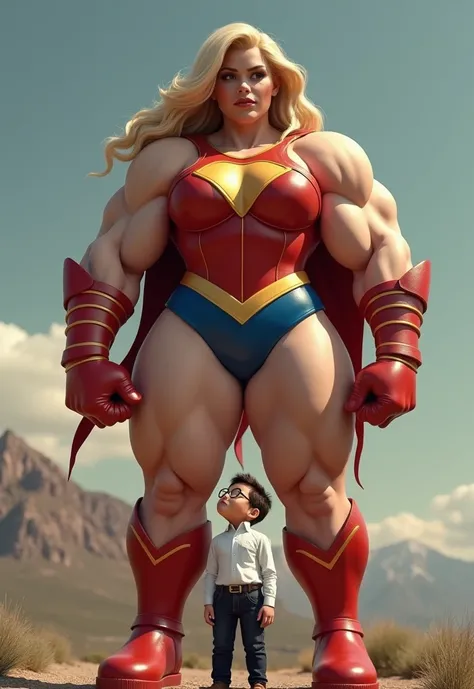 Giant blonde superheroine shows off her exaggerated muscles in her red gold and blue costume with no cape, to a shrunken halfling man with brown hair and who is only as tall as her knee with glasses a white button up shirt and dark slacks who looks up at h...