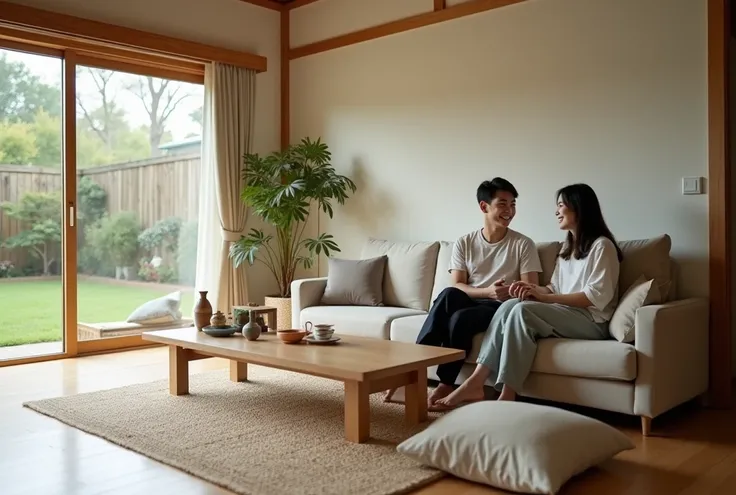 A highly realistic photograph of a cozy living room in a single-story Japanese house, featuring a young Japanese couple sitting comfortably on a modern sofa. They are engaged in a warm conversation, smiling and laughing together. The room has a minimalist ...