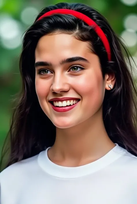 (very realistic photography),(masterpiece, best quality:1.3), 1girl, (alone), front view,
((young Jennifer Connelly)),(at age 15),
she wear in white shirt.,
with pretty face,
(She has a vivid red headband in her hair.),
scooped nose arched high with a turn...