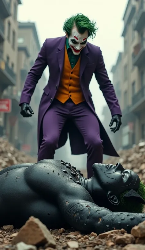 "Create a highly realistic and dramatic scene showing the aftermath of a battle where Black Panther has been defeated by Joker. Black Panther lies on the ground in his sleek black vibranium suit, his body showing signs of struggle and defeat, with scratche...