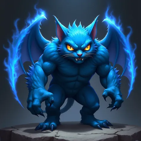 A burly blue cat shaped like Batman, add blue flame effect on each side of the body 