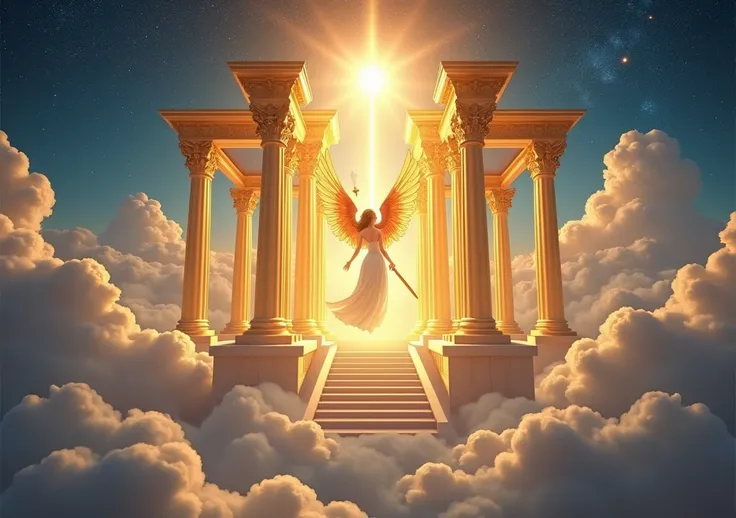 " A vision of a heavenly temple floating among the clouds ,  with crystal columns that reflect the golden light of a distant sun . The temple emits an aura of serenity and power ,  and the surrounding energy pulsates with cosmic vibrations . In the center ...