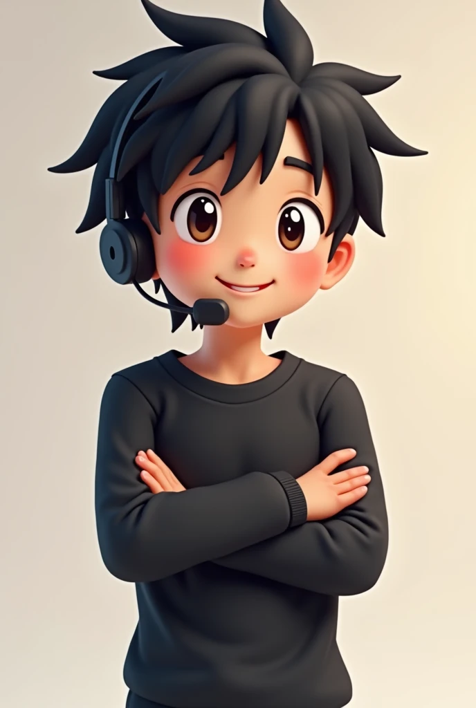  A male character with untidy black hair,a black headset ,Black sweatshirt, and the character has their arms crossed Felix ,pre-teen cartoon character,Smiling Manecraft-style character format.