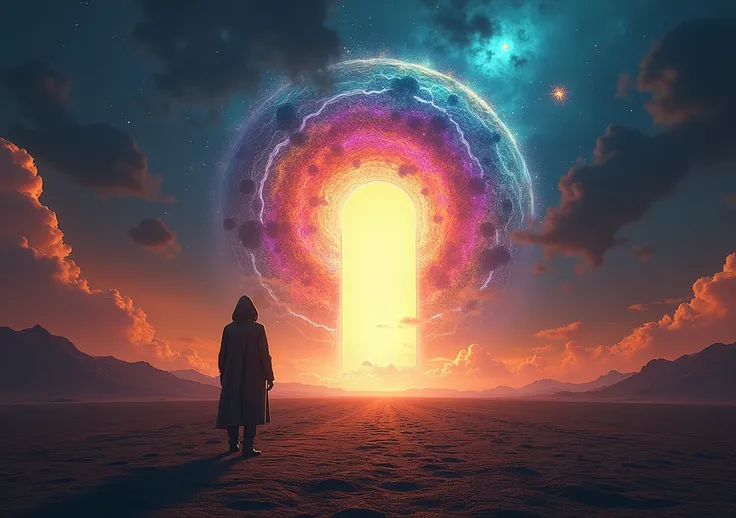  An intense light door in the middle of a dark desert ,  with the horizon shining with liquid colors and psychedelic shapes that distort. The portal floats above the ground ,  surrounded by fractal shapes that expand ,  guiding a hooded figure towards his ...