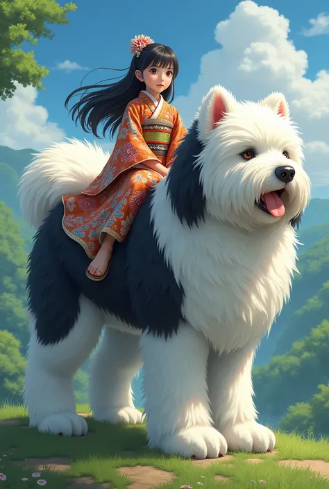  Japanese girl, riding a giant black and white Maltese dog 