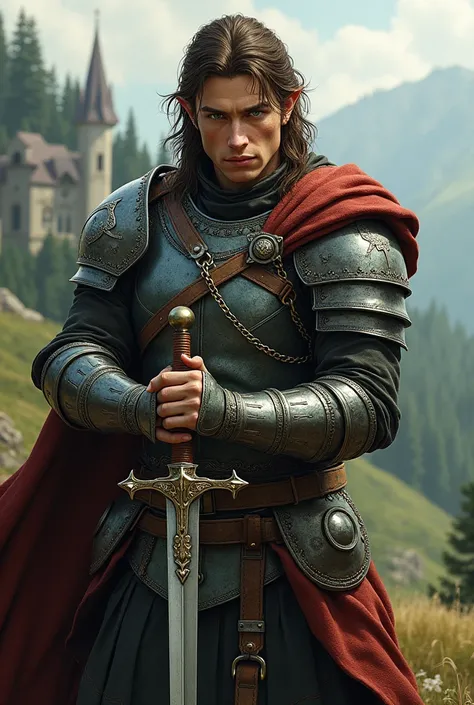 , Brown-haired male with green eyes and brown hair,  In a medieval setting ,  wielding two swords and wearing armor.