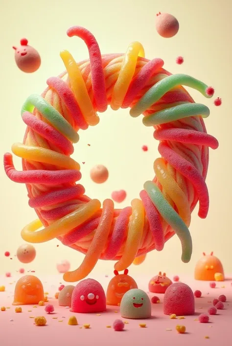 A circle with worm gummies and panditas that say crazy gomi
