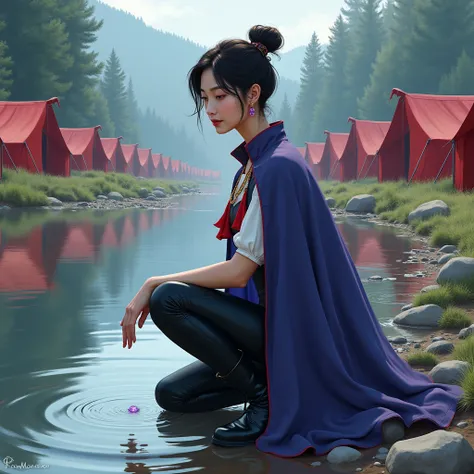 until,  digital illustration ,  highly detailed ,  tongue ,  a non-realistic digital painting : in a military camp,  with red tents erected amidst a forest clearing ,  on the banks of a magnificent river , a Korean woman,  of about 40 years old , is featur...